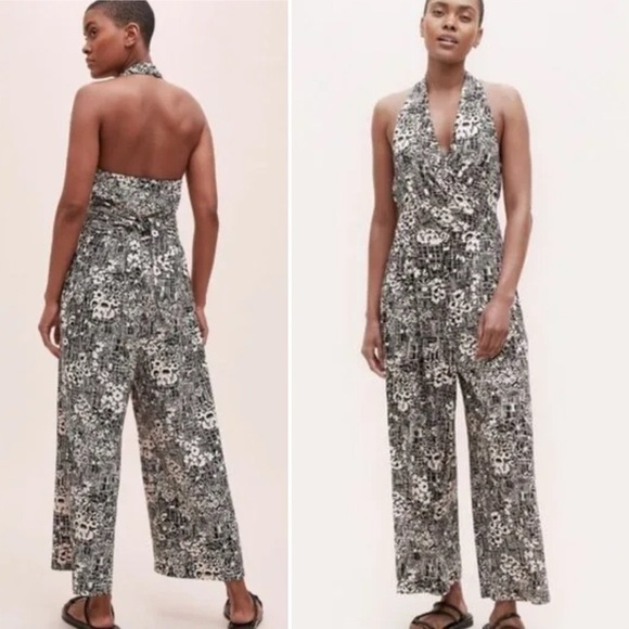 Anthropologie Giovanna Halter Jumpsuit Small black white neutral stretch floral - Picture 1 of 10
